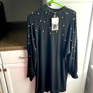 over sized sweater/ dress  with black beads and pearls